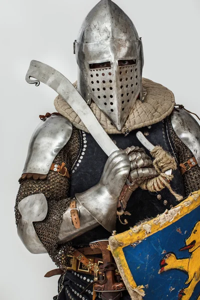 Portrait of armored man with sword and shield — Stock Photo, Image