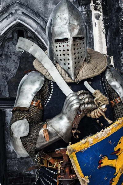 Portrait of armored man with sword and shield — Stock Photo, Image