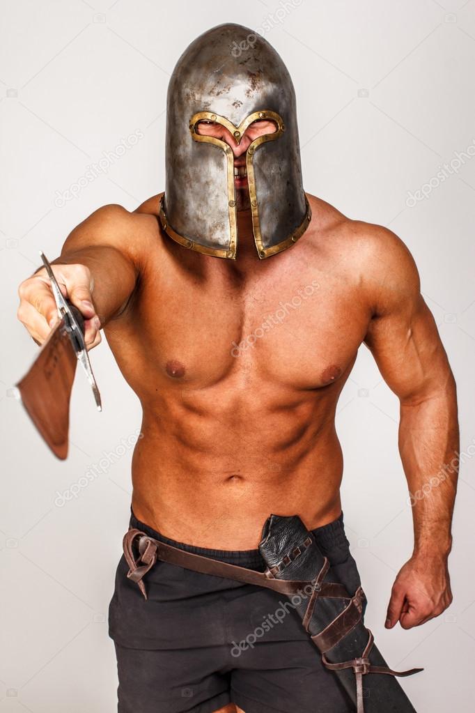 Barbarian full of anger is pointing with sword on someone