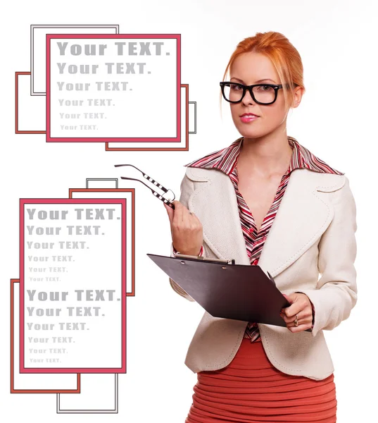 Redhead woman in glasses with a blank — Stock Photo, Image