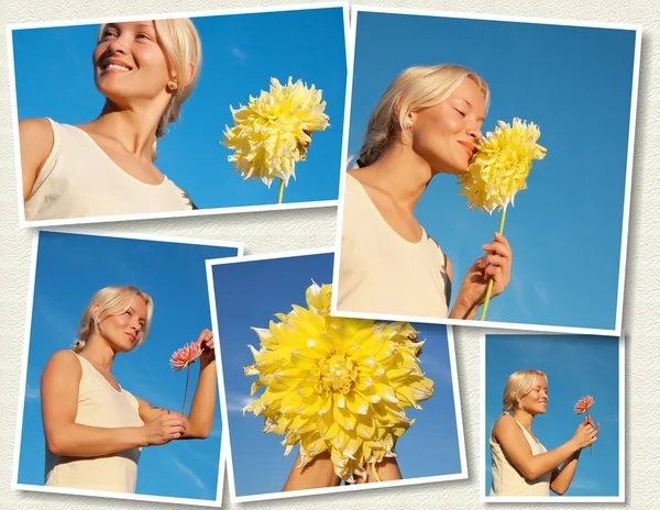 Several images of young attractive woman and flowers — Stock Photo, Image