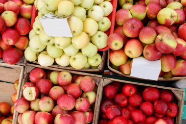 ahşap kutular içinde kırmızı ve sarı elmalar
