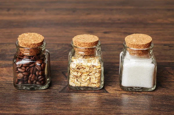 Tres jarras de café, avena y azúcar —  Fotos de Stock