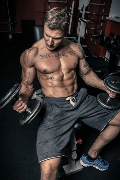 Muscled guy lifting dumbbells — Stock Photo, Image