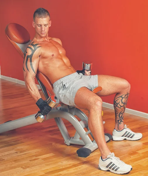 Handsome man with muscles lift a dumbbell — Stock Photo, Image