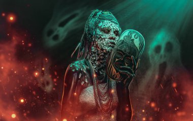 Taşlaşmış bir kırık Cilt ve dreadlocks, korkutucu Afrika şaman erkek portresi geleneksel maske karanlık bir arka plan üzerinde tutar. Kalıcı makyaj kavramı.