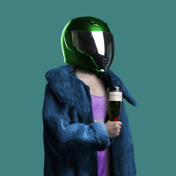 Woman with motorcycle helmet dressed in bizarre clothing — 스톡 사진