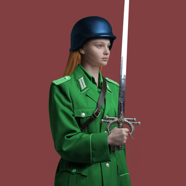 Woman dressed in military coat holding sword against red background — Stockfoto