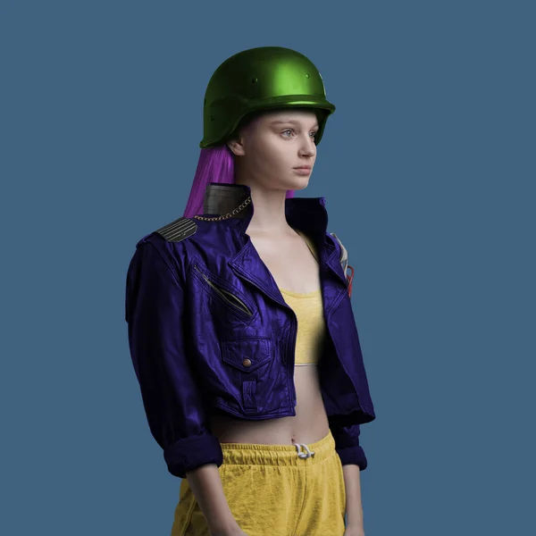 Woman dressed in biker jacket and hard hat against blue background — 스톡 사진