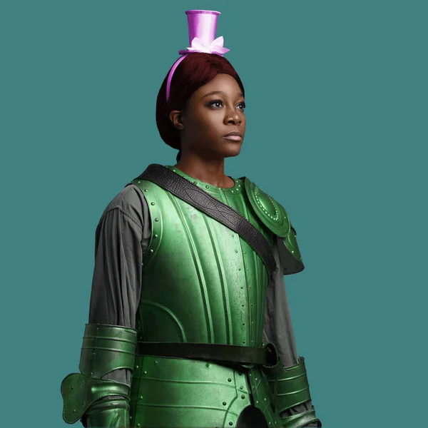 African woman with miniature top hat dressed in green armor — Stock Photo, Image