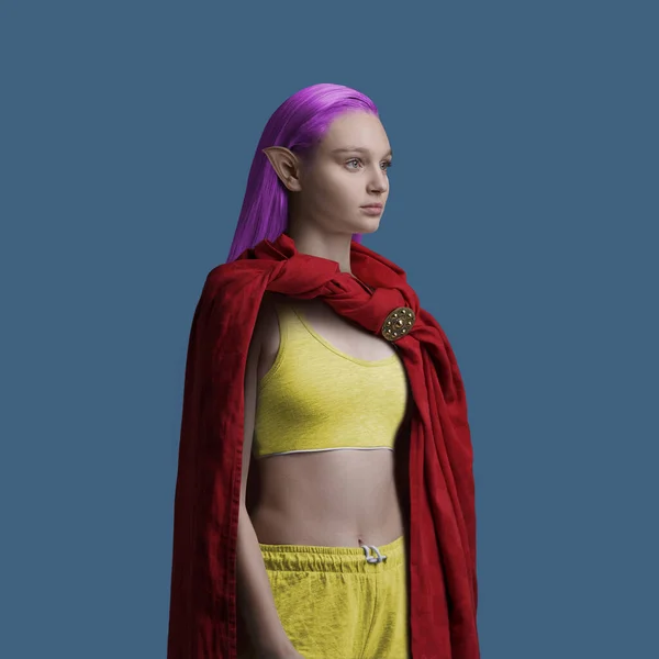 Pink haired woman elf with red cape against blue background — Stockfoto