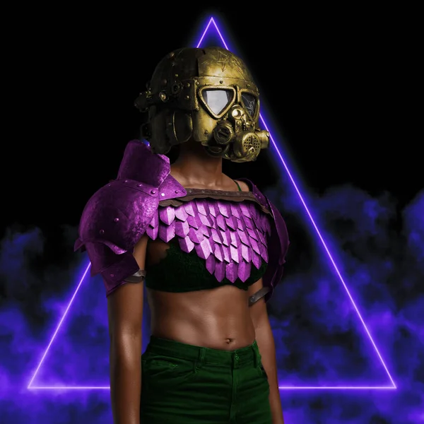 Czarna kobieta z kolorową maską gazową na kolorowym tle — Zdjęcie stockowe