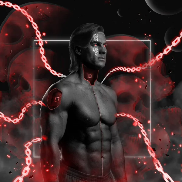 Uomo senza maglietta con costruzione muscolare contro cyberpunk sfondo rosso — Foto Stock
