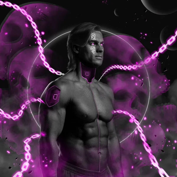 Homem sem camisa com construção muscular contra fundo roxo cyberpunk — Fotografia de Stock