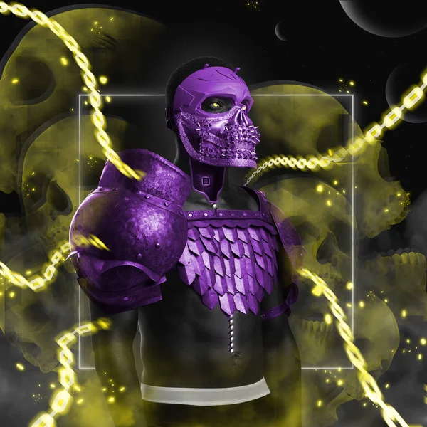 Black man in cyberpunk style dressed in purple armor and mask — Stock Photo, Image