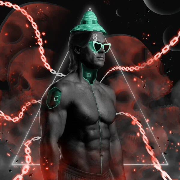 Shirtless muscular guy with straw hat in cyberpunk style — Stock Photo, Image