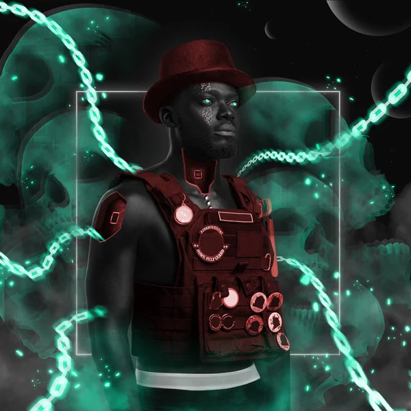 Homem africano em estilo cyberpunk vestido com colete vermelho — Fotografia de Stock