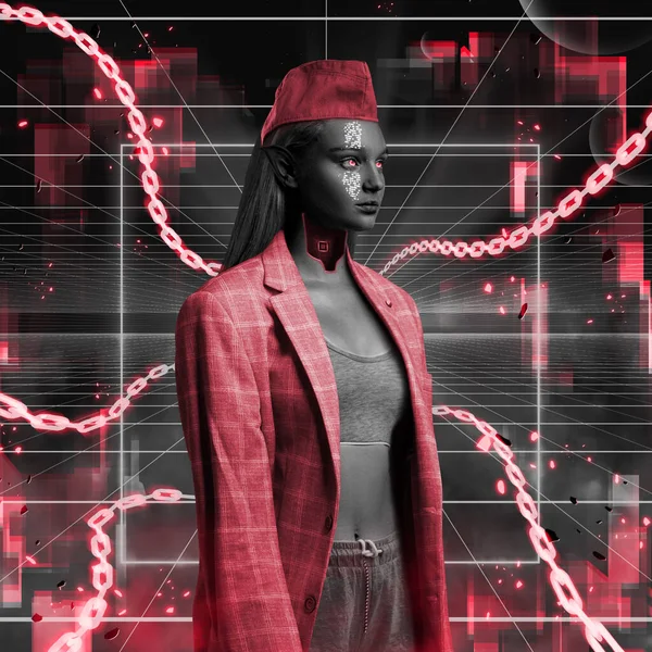 Elfe femme dans le style cyberpunk vêtu d'une veste élégante rouge — Photo