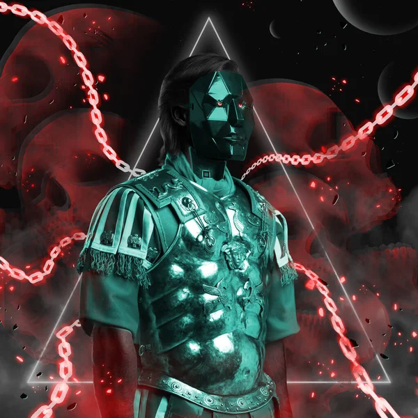 Man in cyberpunk style dressed in teal roman armor — Stock Photo, Image