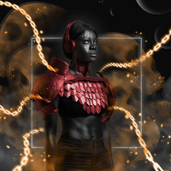 Mulher negra vestida com armadura vermelha e fones de ouvido em estilo cyberpunk — Fotografia de Stock