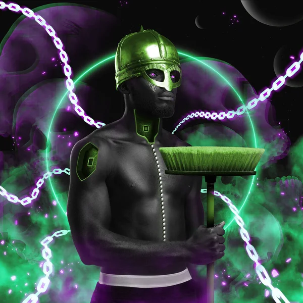 Homme africain nu dans le style cyberpunk avec vadrouille verte — Photo