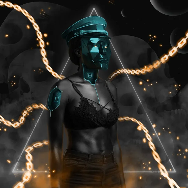Shirtless donna nera con maschera contro lo sfondo stile cyberpunk — Foto Stock