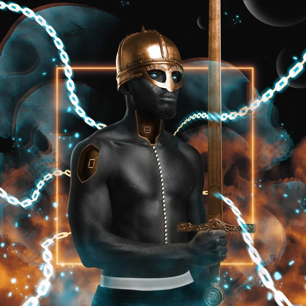 Homem negro com tronco nu e espada contra fundo colorido — Fotografia de Stock