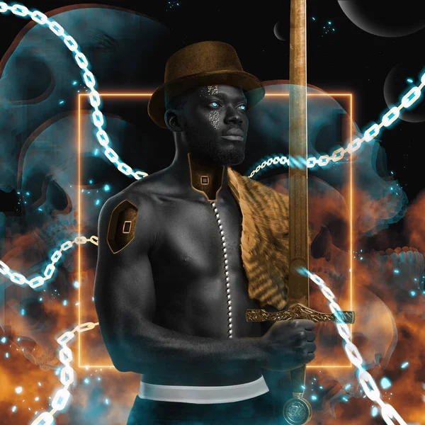 Zwarte man met naakte romp en zwaard tegen kleurrijke achtergrond — Stockfoto