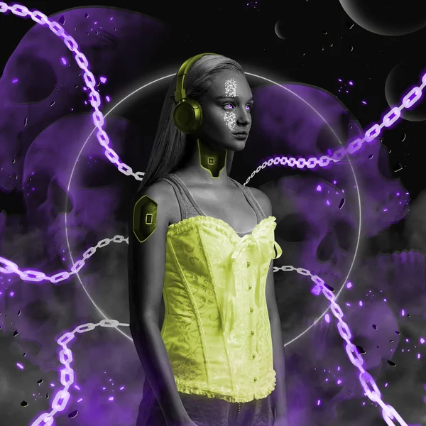 Kvinna i cyberpunk stil med hörlurar klädda i korsett — Stockfoto