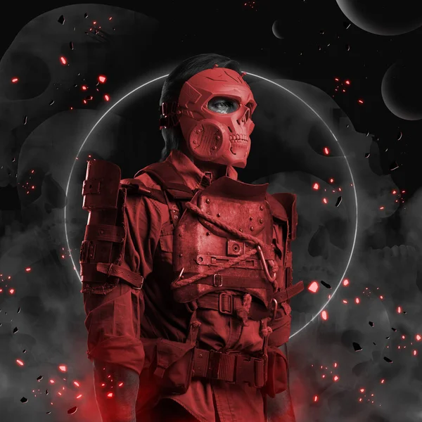 Futuristische man gekleed in rood pantser en masker — Stockfoto