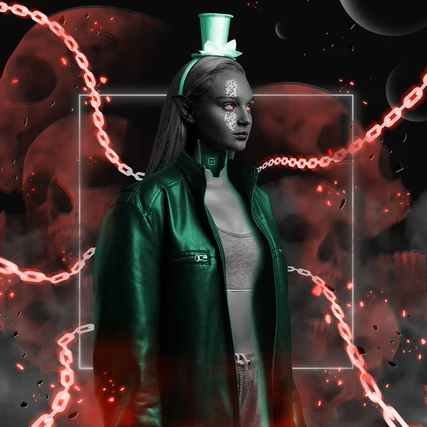 Elfe femme dans le style cyberpunk vêtu d'une veste en cuir vert — Photo