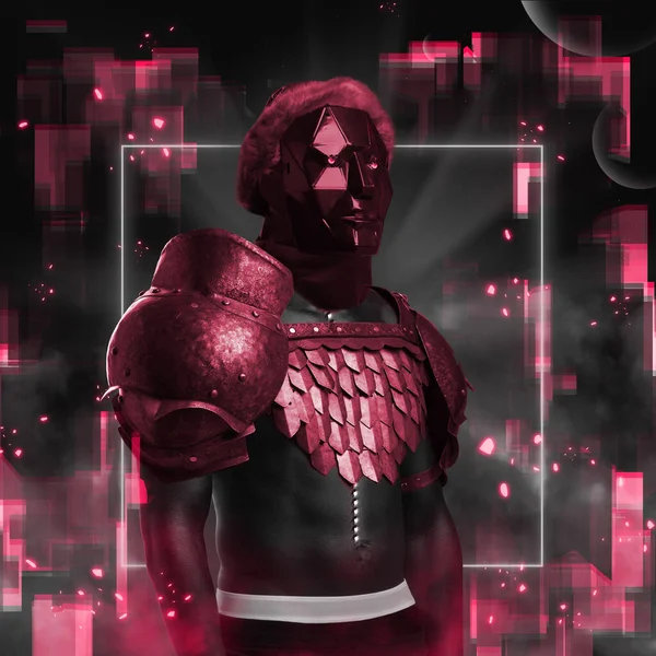 African man dressed in red armor in cyberpunk style — Stock Photo, Image