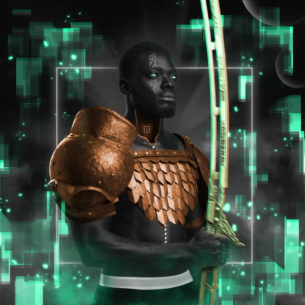 Hombre africano vestido con armadura sosteniendo espada cyberpunk —  Fotos de Stock