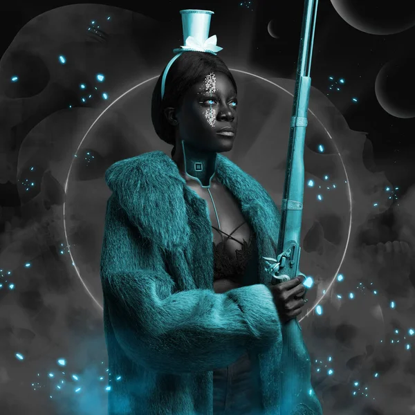 모피 코트를 입고 소총을 든 아프리카 여자 — 스톡 사진