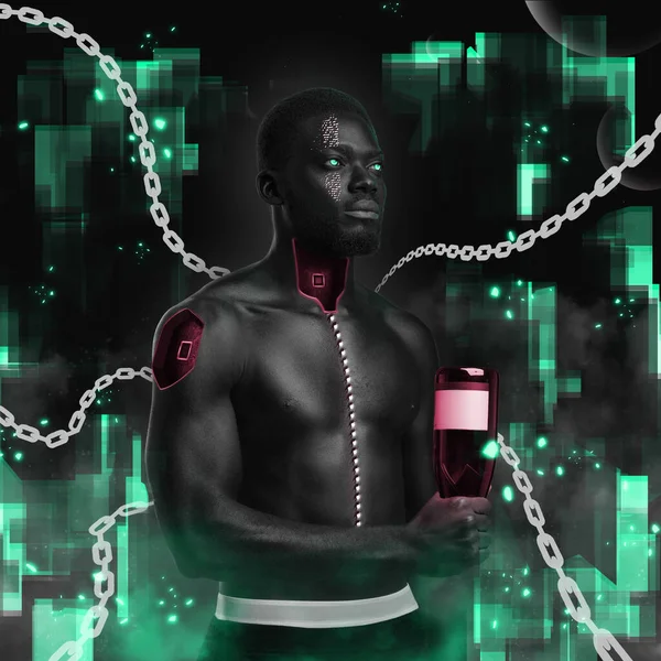 Homem africano sem camisa com garrafa de champanhe em estilo cyberpunk — Fotografia de Stock