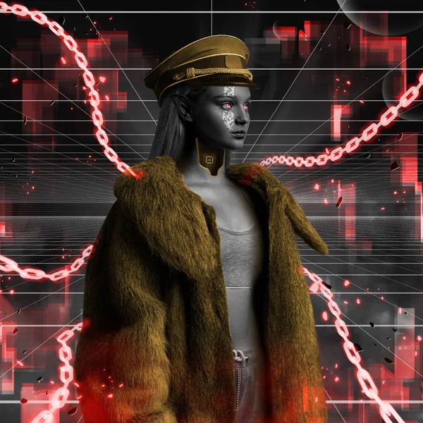 Woman elf in cyberpunk style dressed in fur coat — Stock Photo, Image
