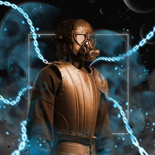 Homem em estilo cyberpunk vestido com cuirass e máscara de gás — Fotografia de Stock
