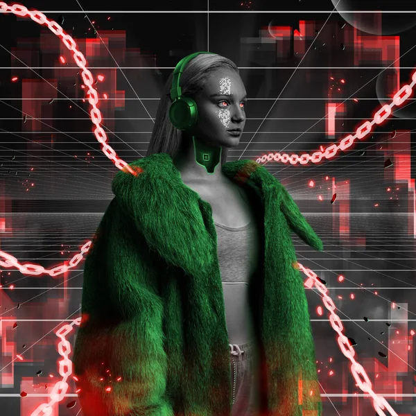 Mulher elfo em estilo cyberpunk vestido com casaco de pele — Fotografia de Stock