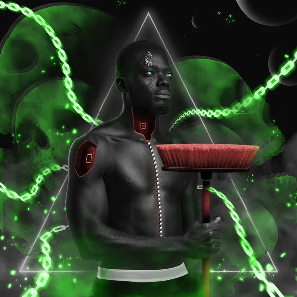 Γυμνός Αφρικανός σε στυλ cyberpunk με κόκκινη σφουγγαρίστρα — Φωτογραφία Αρχείου