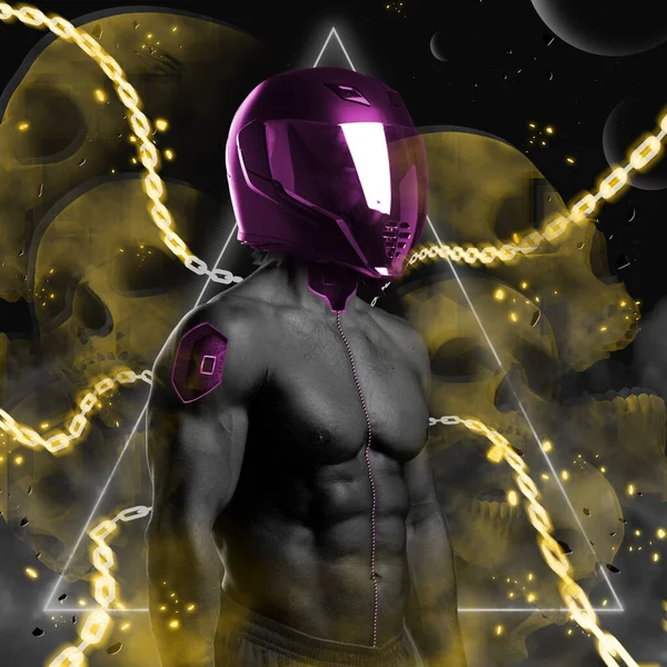 Shirtless muscular guy with motorcycle helmet in cyberpunk style — Stock Photo, Image