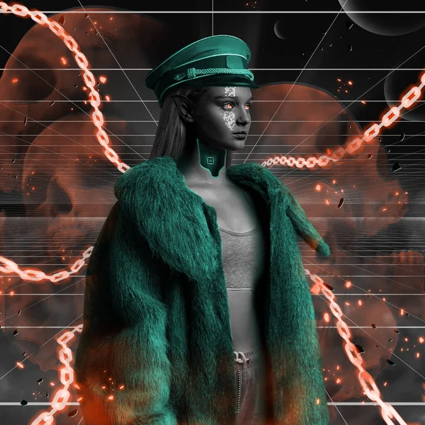 Mulher elfo em estilo cyberpunk vestido com casaco de pele teal — Fotografia de Stock