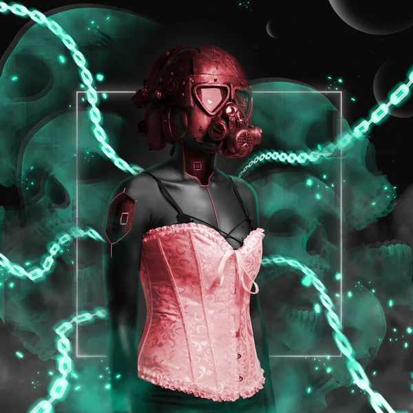 Mulher negra em estilo cyberpunk vestida com espartilho e máscara de gás — Fotografia de Stock