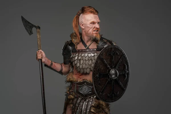 Barbaric viking warrior wielding axe and shield isolated on gray — Stock Photo, Image