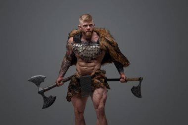 Kürk ve zırh giymiş iki balta tutan vahşi Viking.