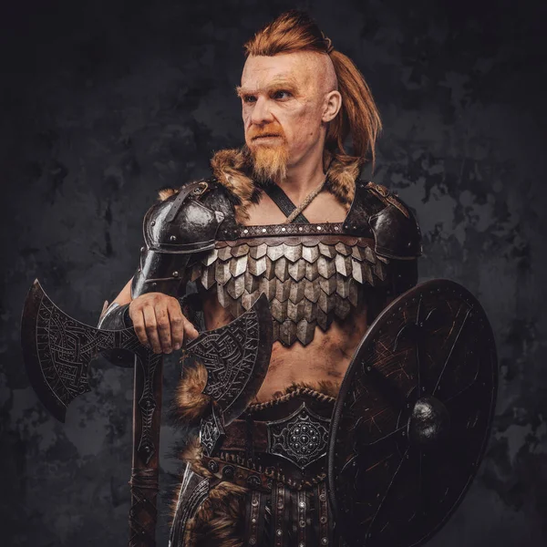 Viking poserar med sköld och yxa mot mörk bakgrund — Stockfoto