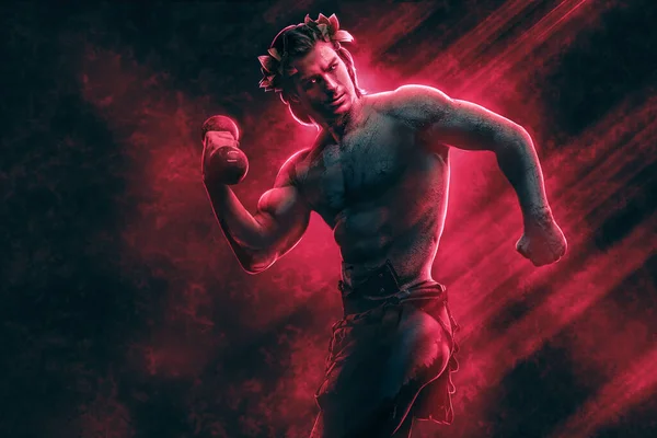 英雄ギリシャ人男のように見える記念碑に対して赤抽象 — ストック写真