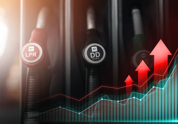 Nárůst cen v odvětví paliv. Řada pistolí v palivové stanici — Stock fotografie