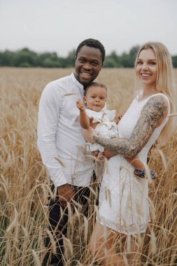 Bir çocuğu buğday tarlalarında tatilde olan çok kültürlü bir aile.