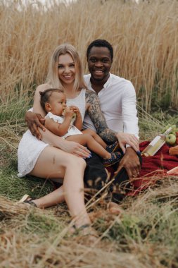 Neşeli melez bir aile gündüz piknik yapıyor.