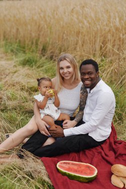 Kaygısız karışık ırk ailesi güneşli bir günde dışarıda piknik yapıyor.